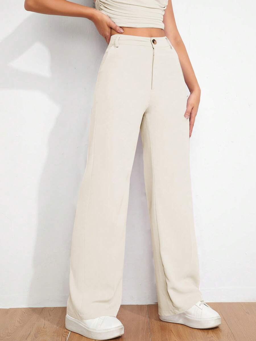 EURMUSE Women's Solid Color High Waist Wide Leg Loose Casual Pants - Krem - View 1