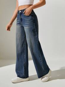 SHEIN PETITE 斜口袋闊腿牛仔褲 - 深色水洗藍 - 查看 4