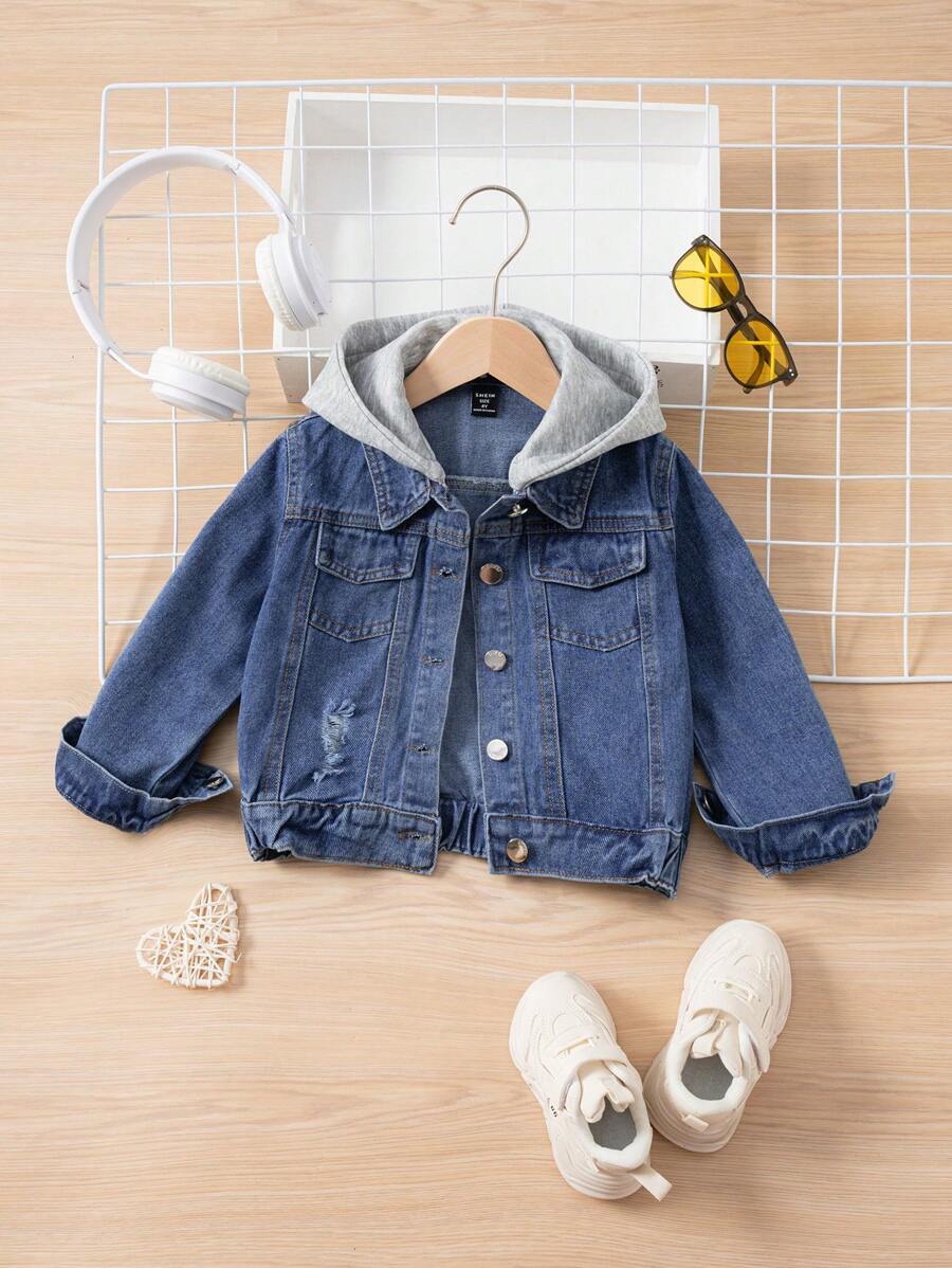 男小童翻蓋口袋連帽二合一牛仔夾克 - 中等水洗藍 - 查看 1