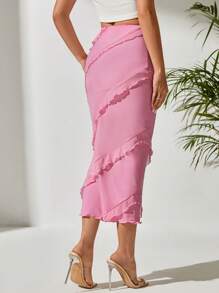SHEIN PETITE 褶邊鉛筆裙 - 粉色 - 查看 1