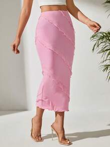 SHEIN PETITE 褶邊鉛筆裙 - 粉色 - 查看 4