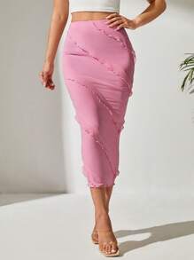 SHEIN PETITE 褶邊鉛筆裙 - 粉色 - 查看 5