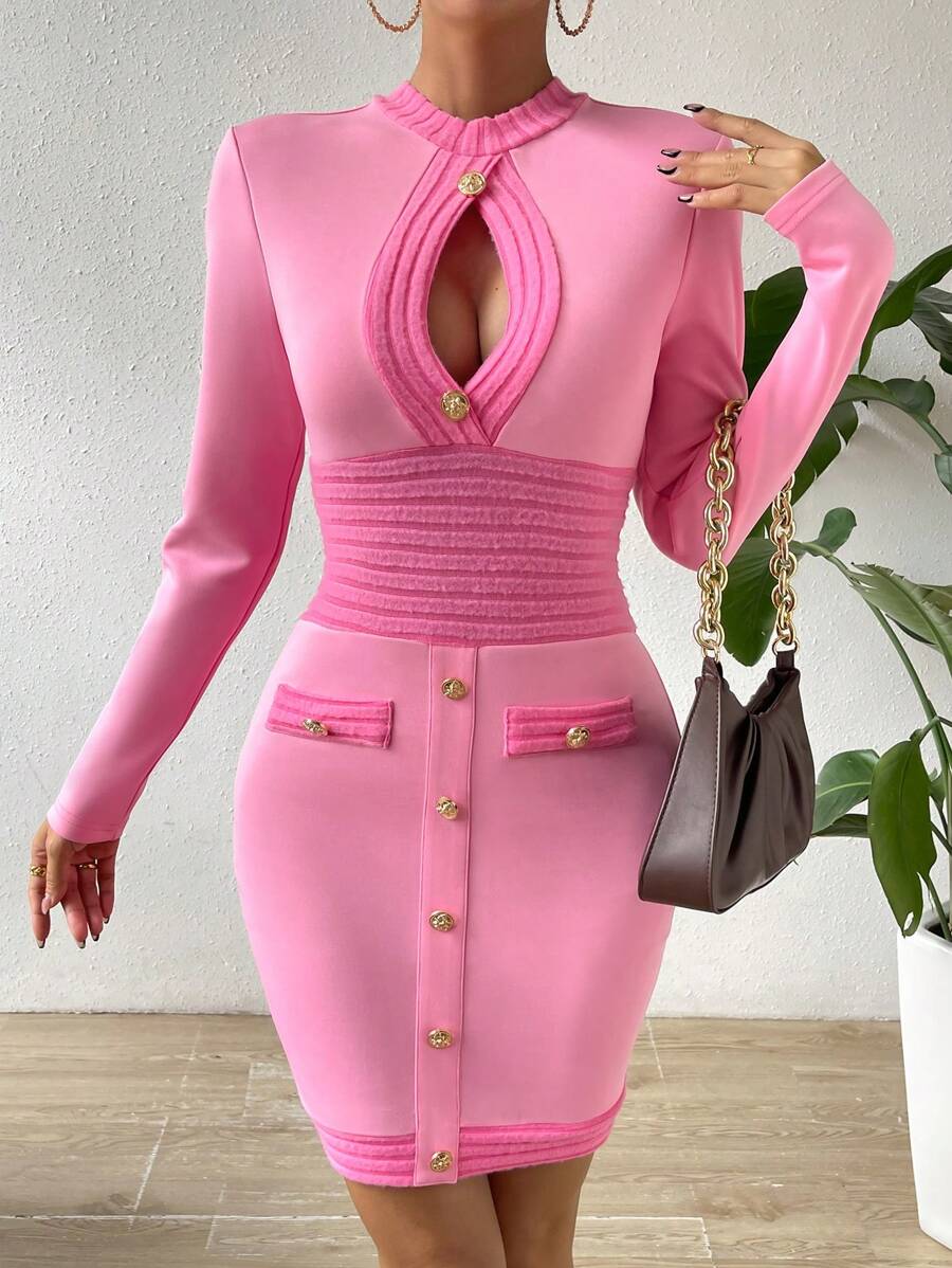 SHEIN Privé Cut Out Button Detail Bodycon Dress - Pink - View 1