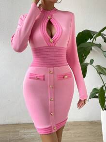 SHEIN Privé Cut Out Button Detail Bodycon Dress - Pink - View 3