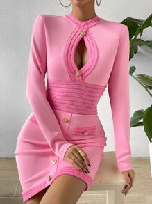 SHEIN Privé Cut Out Button Detail Bodycon Dress - Pink - View 5
