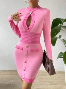 SHEIN Privé Cut Out Button Detail Bodycon Dress - Pink - View 6