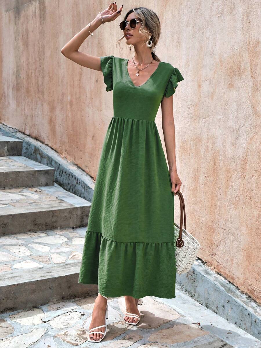 RueChic Solid Ruffle Hem Dress - Army Green - View 1