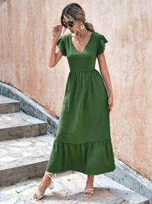 RueChic Solid Ruffle Hem Dress - Army Green - View 5