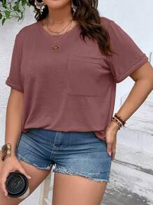 SHEIN Essnce Plus Solid Pocket Patched Tee - Burgundy - View 1