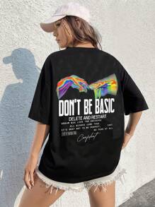 SHEIN Coolane Casual & Minimalist Gesture Printed Short Sleeve Round Neck Women's T-Shirt, Suitable For Summer (Comfort Fit) DON'T BE BASIC DELETE AND RESTART DREAM BIG LIKE THE UNIVERSE ALL WISHES COME TRUE IT'S OKAY NOT TO BE PERFECT. 1997 OVERTHINKING NO FEAR AT ALL Confident - Black - View 7