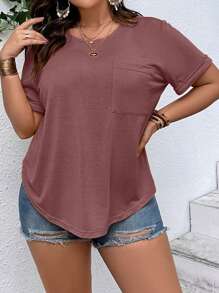 SHEIN Essnce Plus Solid Pocket Patched Tee - Burgundy - View 3