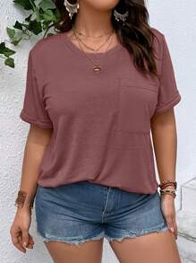 SHEIN Essnce Plus Solid Pocket Patched Tee - Burgundy - View 5