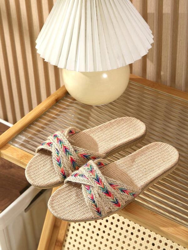 Women's Home Slippers With Woven Detailing And Patchwork, Linen Bedroom Slippers