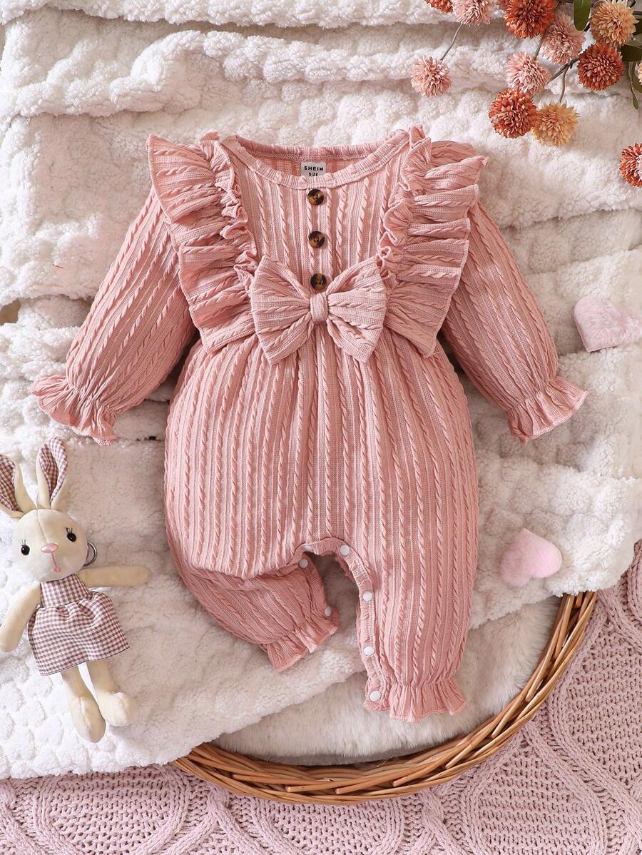 SHEIN 女嬰荷葉邊喇叭袖前蝴蝶結連身褲
