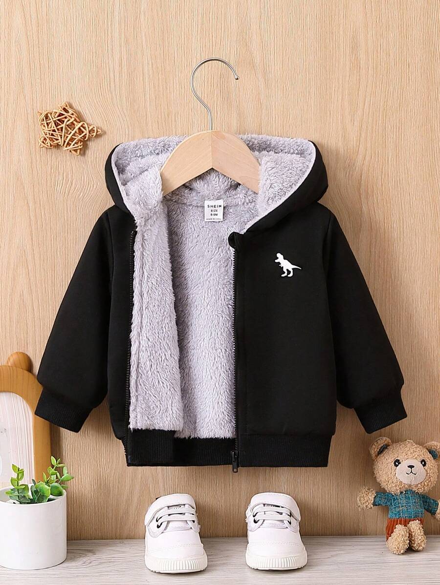 男嬰恐龍印花毛絨內襯連帽夾克 - 黑色 - 查看 1