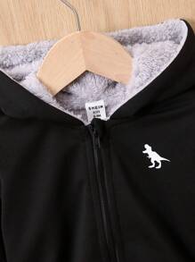 男嬰恐龍印花毛絨內襯連帽夾克 - 黑色 - 查看 3