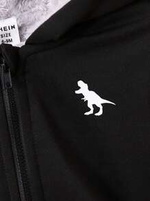 男嬰恐龍印花毛絨內襯連帽夾克 - 黑色 - 查看 4