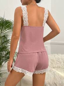 SHEIN 蕾絲拼接吊帶背心和短褲睡衣套裝 - 粉色 - 查看 2