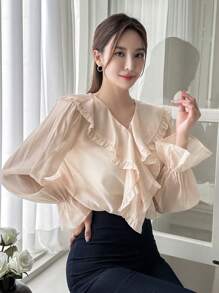 DAZY Blusa de manga amplia ribete con fruncido - Albaricoque - Ver 1