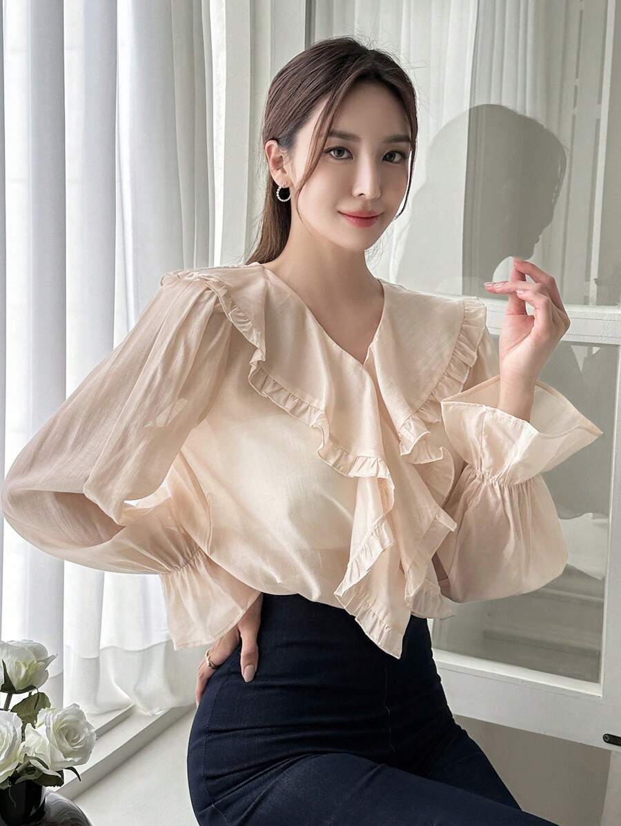 DAZY Blusa de manga amplia ribete con fruncido - Albaricoque - Ver 1