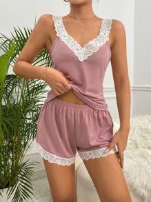 SHEIN 蕾絲拼接吊帶背心和短褲睡衣套裝 - 粉色 - 查看 4