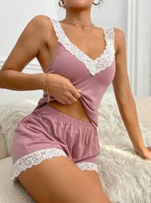 SHEIN 蕾絲拼接吊帶背心和短褲睡衣套裝 - 粉色 - 查看 5