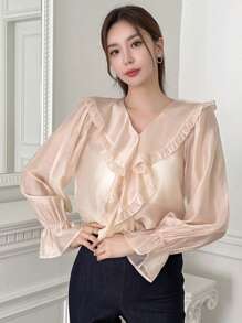 DAZY Blusa de manga amplia ribete con fruncido - Albaricoque - Ver 8