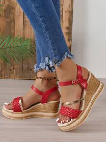 Đúng mốt Và Thoải mái Của phụ nữ Nêm Gót chân Nền tảng Dép xăng đan Đối với Trẻ Người lớn - Đỏ - Xem 7