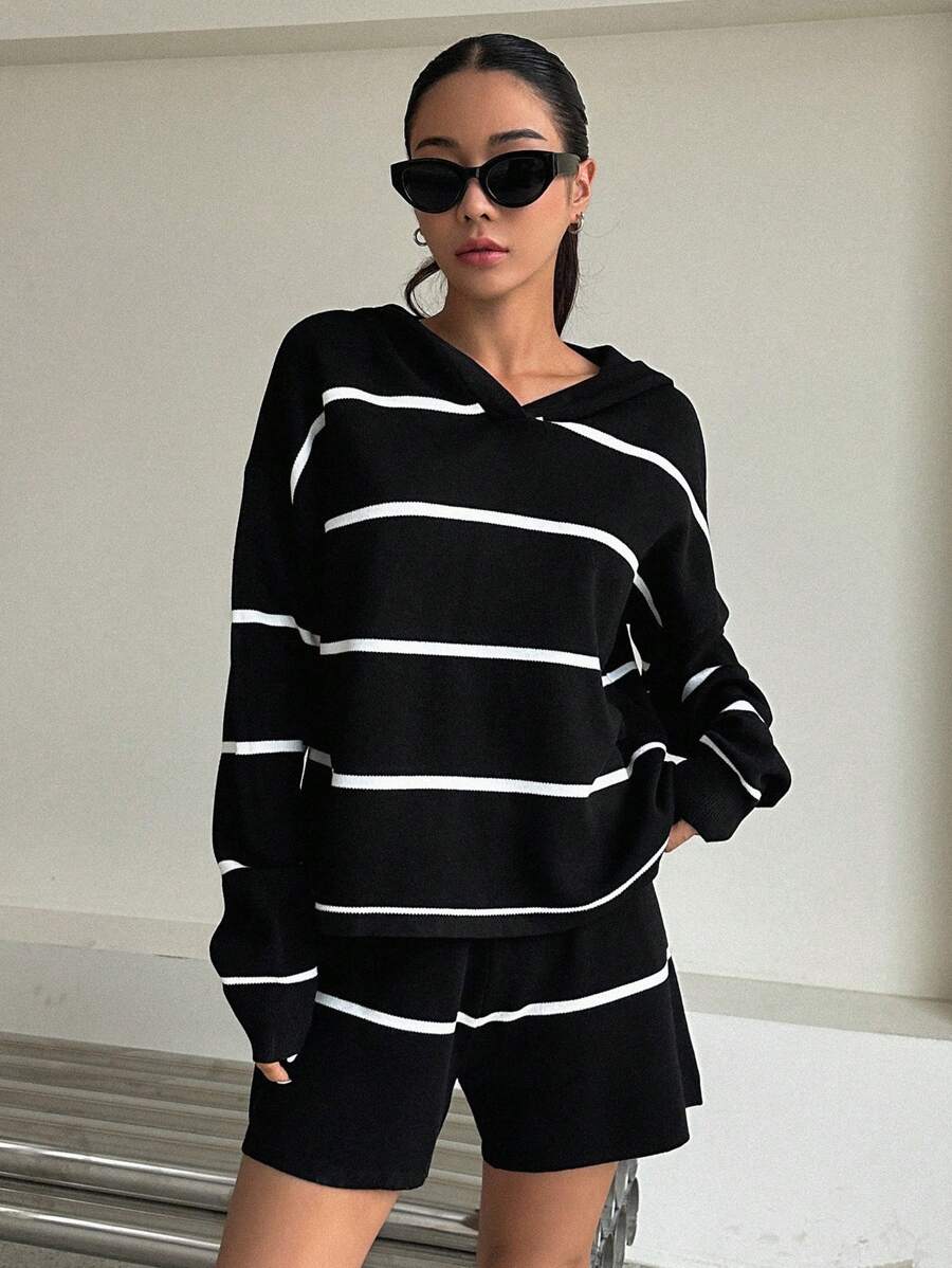 DAZY Striped Pattern Drop Shoulder Hooded Jumper & Knit Shorts - Black and White - View 1