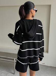 DAZY Striped Pattern Drop Shoulder Hooded Jumper & Knit Shorts - Black and White - View 2