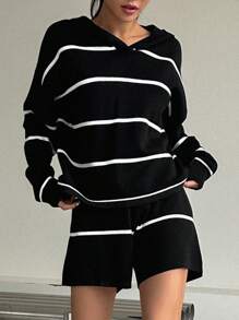 DAZY Striped Pattern Drop Shoulder Hooded Jumper & Knit Shorts - Black and White - View 3