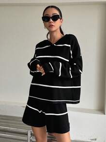 DAZY Striped Pattern Drop Shoulder Hooded Jumper & Knit Shorts - Black and White - View 4
