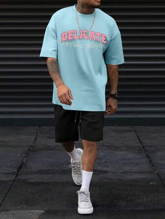 Uomo con grafica lettera Maglietta & con coulisse a vita Shorts