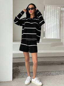 DAZY Striped Pattern Drop Shoulder Hooded Jumper & Knit Shorts - Black and White - View 6