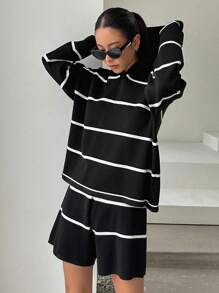 DAZY Striped Pattern Drop Shoulder Hooded Jumper & Knit Shorts - Black and White - View 7