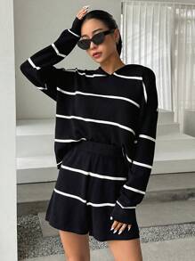 DAZY Striped Pattern Drop Shoulder Hooded Jumper & Knit Shorts - Black and White - View 8