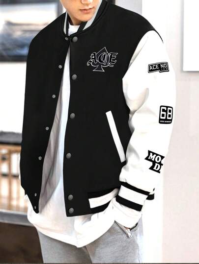 Guys Letter Graphic Two Tone Varsity Jacket
