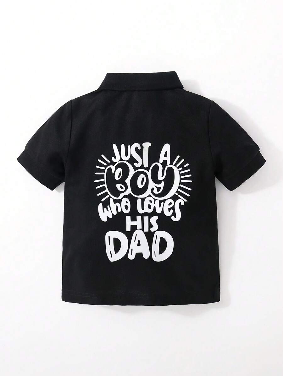 SHEIN 男小童標語圖案POLO衫 - 黑色 - 查看 1