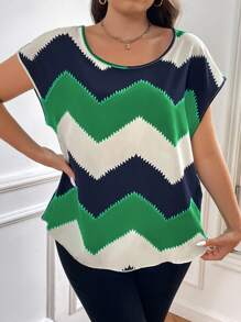SHEIN LUNE Plus Chevron Print Batwing Sleeve Blouse - Multicolor - View 3