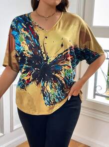 INAWLY Plus Butterfly Print Batwing Sleeve Tee - Multicolor - View 1