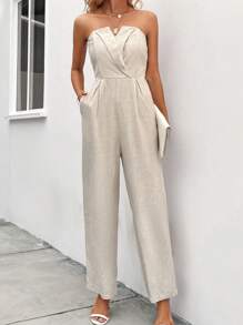 SHEIN Clasi Solid Slant Pocket Tube Jumpsuit - Apricot - View 5