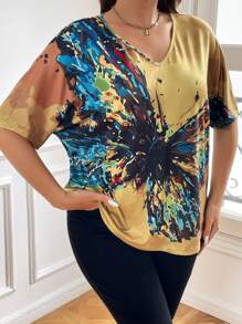 INAWLY Plus Butterfly Print Batwing Sleeve Tee - Multicolor - View 4