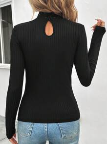 SHEIN Clasi 水溶蕾絲拼接小高領T恤 - 黑色 - 查看 2