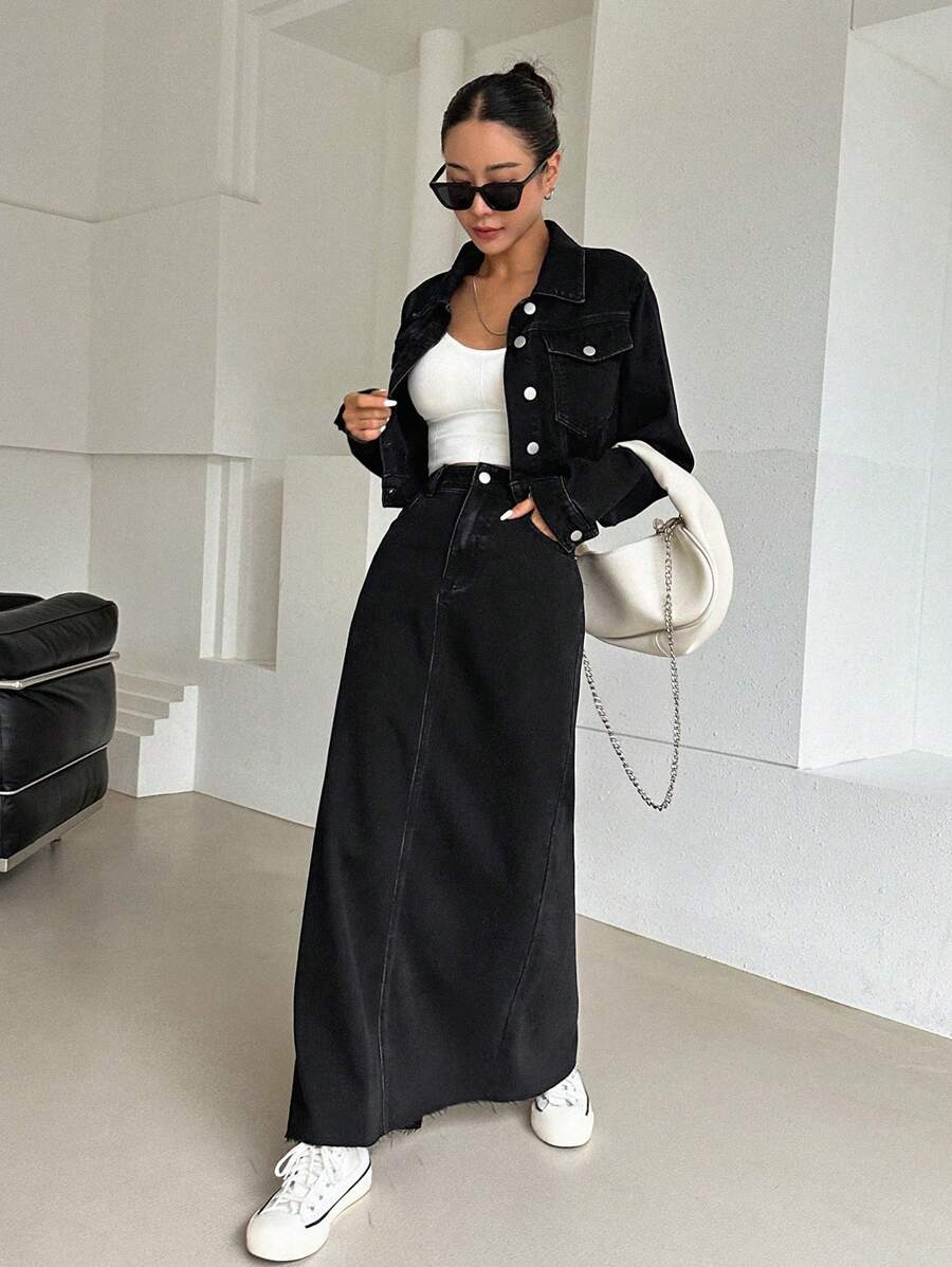 DAZY 帶蓋口口袋垂肩牛仔外套 & 後開叉半身裙 - 黑色 - 查看 1