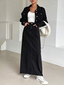 DAZY 帶蓋口口袋垂肩牛仔外套 & 後開叉半身裙 - 黑色 - 查看 3