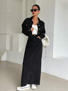 DAZY 帶蓋口口袋垂肩牛仔外套 & 後開叉半身裙 - 黑色 - 查看 4