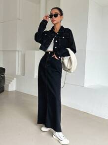 DAZY 帶蓋口口袋垂肩牛仔外套 & 後開叉半身裙 - 黑色 - 查看 5