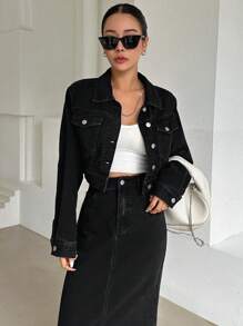 DAZY 帶蓋口口袋垂肩牛仔外套 & 後開叉半身裙 - 黑色 - 查看 6