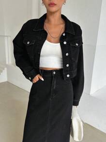 DAZY 帶蓋口口袋垂肩牛仔外套 & 後開叉半身裙 - 黑色 - 查看 7