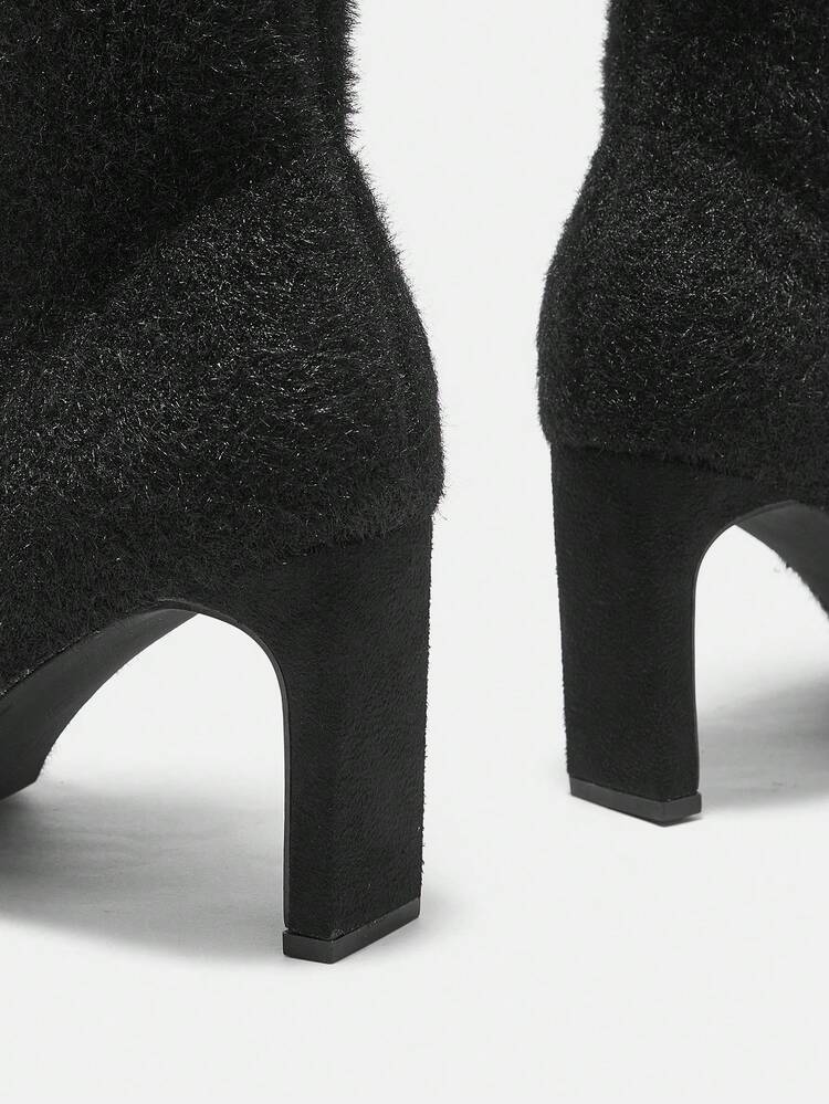 Elegant Black Sock Boots For Women, Point Toe Chunky Heeled Boots